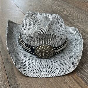 New Peter Grimm Gila Drifter Silver Straw Cowgirl Hat Studded Buckle Band Cowboy